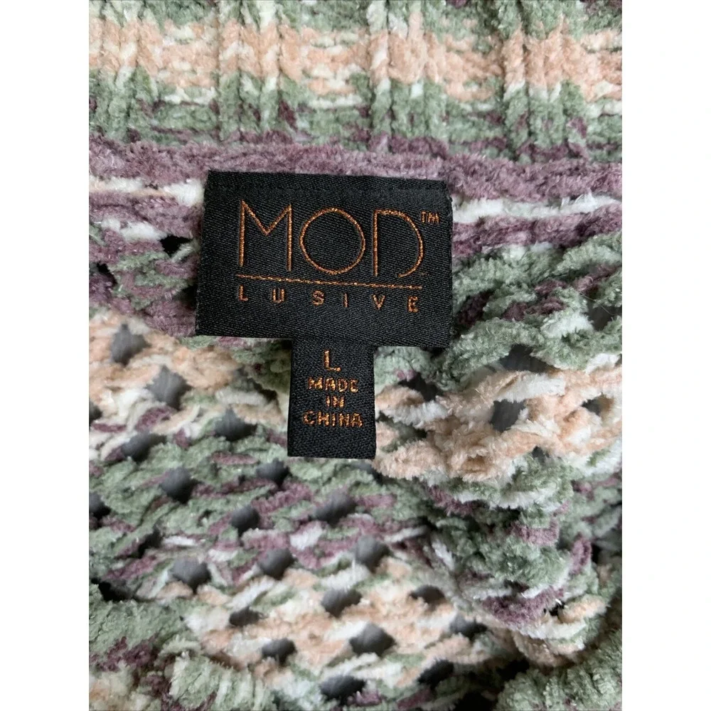 MOD Lusive Sweater Womens Large Purple Green Striped Chunky Knit Pullover V Neck